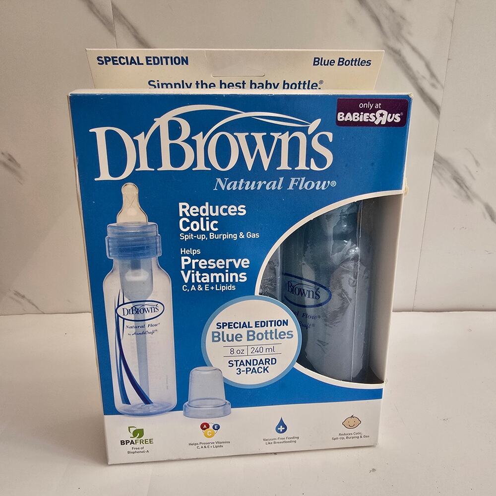 NIB Dr. Brown's 2011 BLUE Bottles Babies R Us 8 oz Natural Flow Preserve Vitamin
